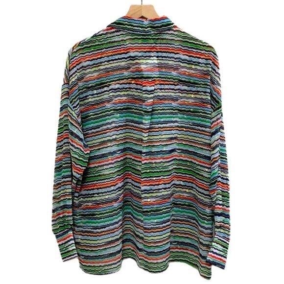 FOREVER 21 SHIRT WOMENS LARGE MUTI COLORED STRIPED SHEER HIDDEN BUTTON UP. - Picture 4 of 14